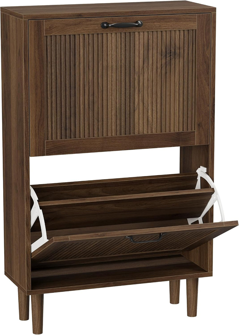 Walnut Shoe Cabinet with 2 Flip Drawers 23.6