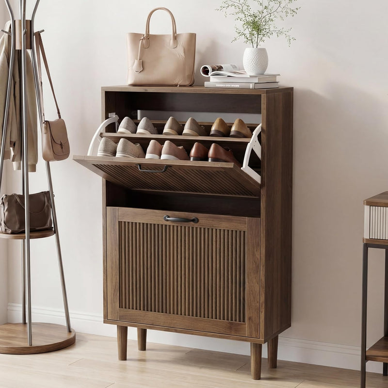 Walnut Shoe Cabinet with 2 Flip Drawers 23.6