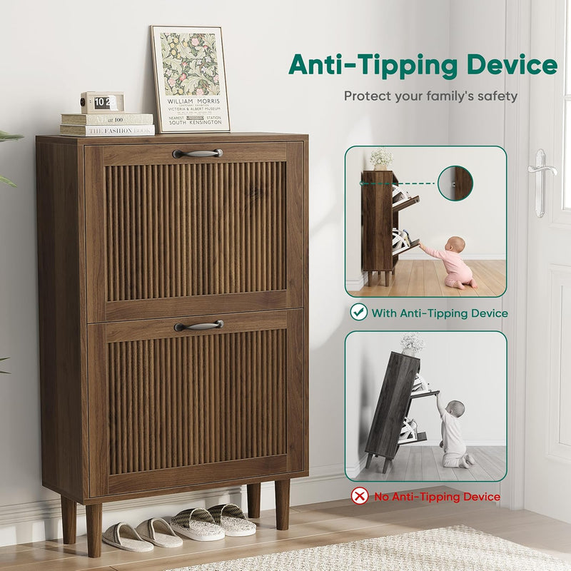 Walnut Shoe Cabinet with 2 Flip Drawers 23.6