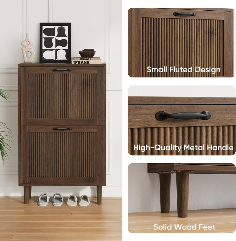 Walnut Shoe Cabinet with 2 Flip Drawers 23.6