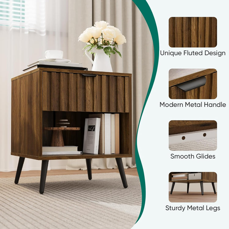 Walnut Wooden Night Stand Mid Century Nightstand
