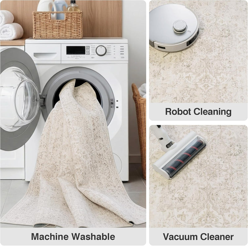 Washable Area Rug Living Room Vintage Neutral