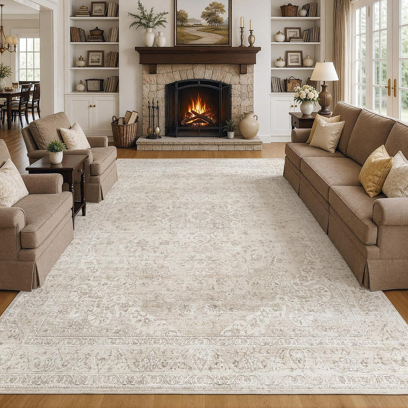 Washable Area Rug Living Room Vintage Neutral