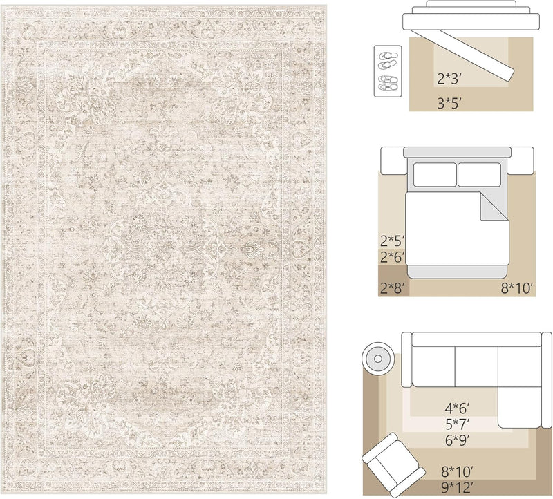 Washable Area Rug Living Room Vintage Neutral