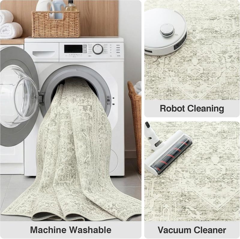 Washable Area Rug Living Room Vintage Neutral