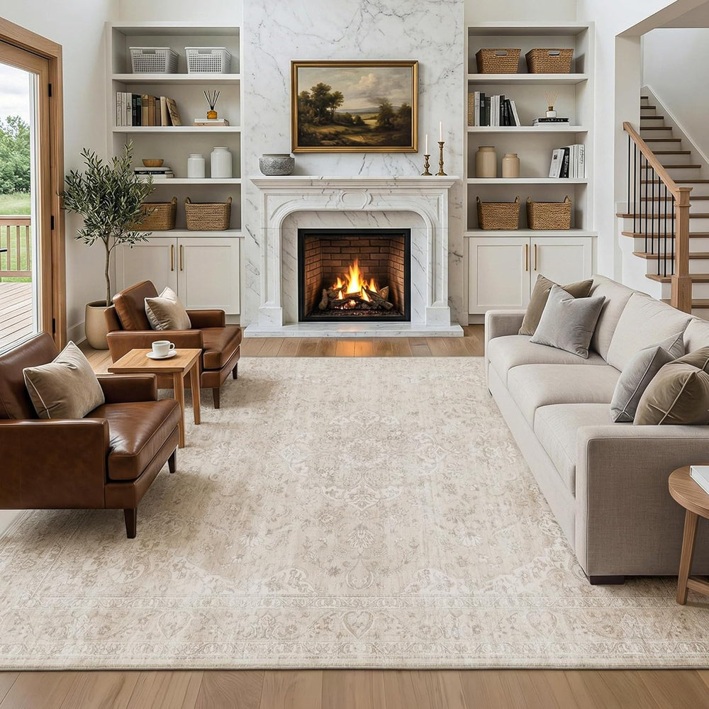 Washable Area Rug Living Room Vintage Neutral