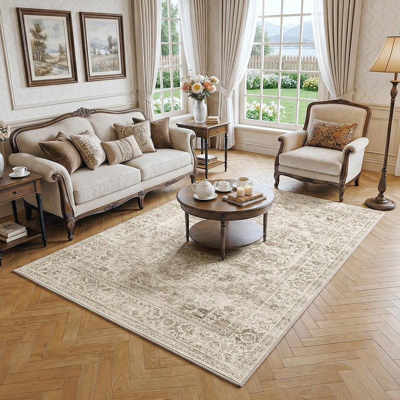 Washable Area Rug Living Room Vintage Neutral