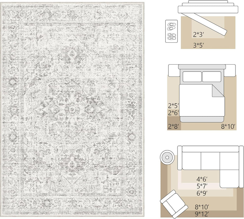 Washable Area Rug Living Room Vintage Neutral