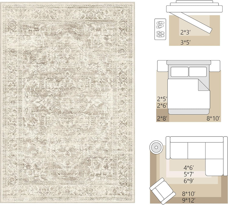 Washable Area Rug Living Room Vintage Neutral