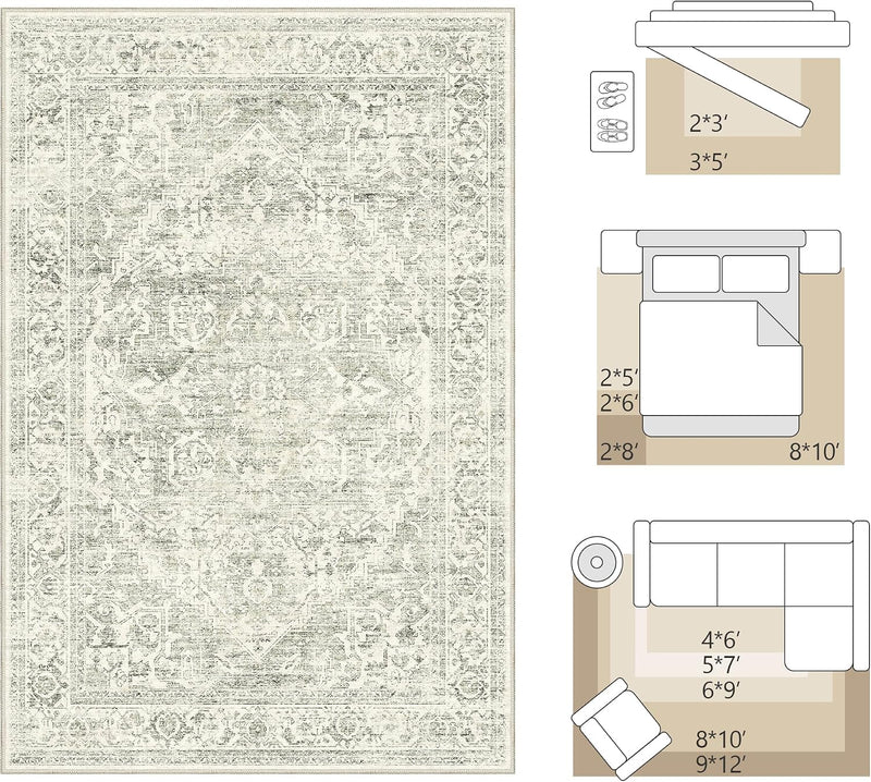 Washable Area Rug Living Room Vintage Neutral