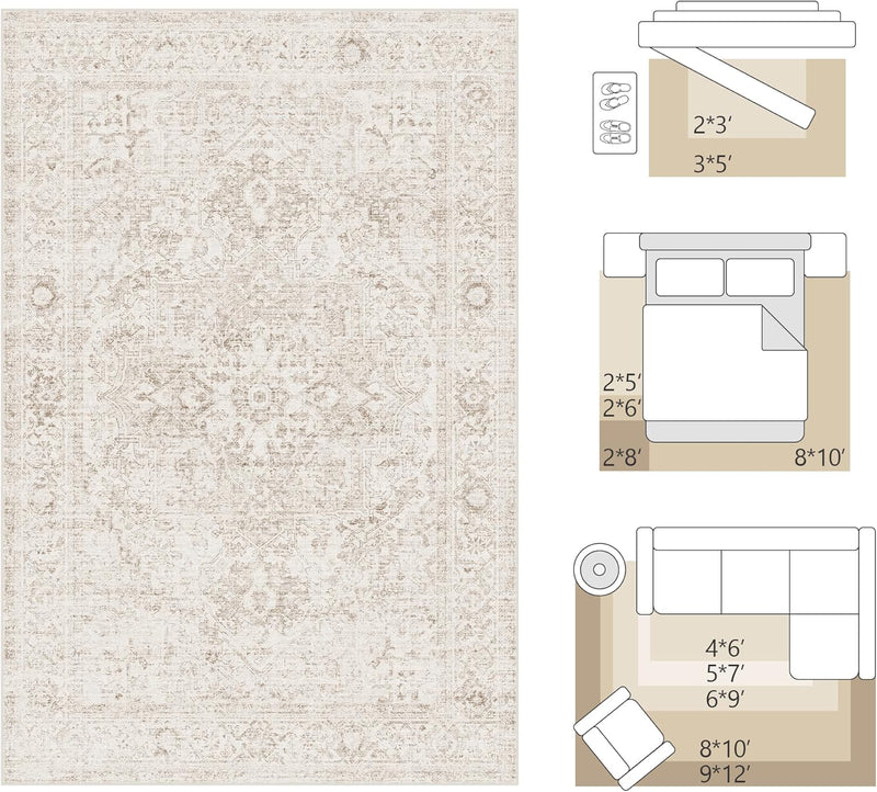 Washable Area Rug Neutral Large Vintage