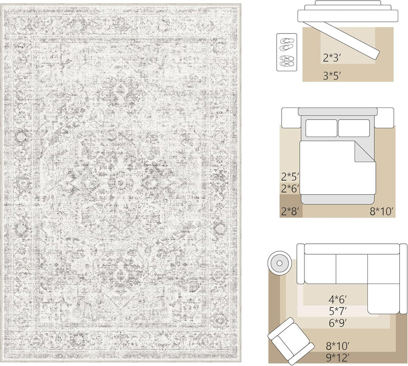 Washable Area Rug Neutral Large Vintage