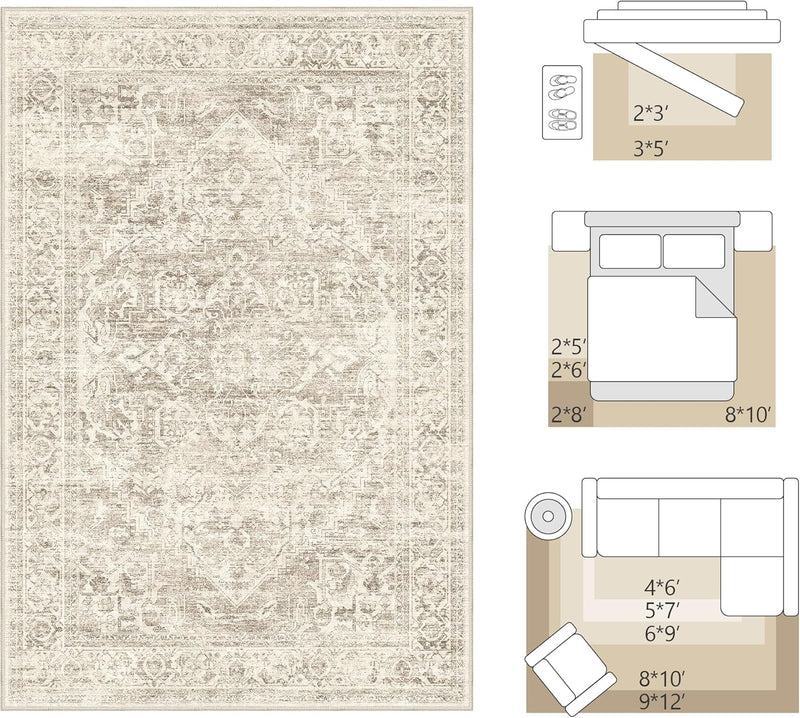Washable Area Rug Neutral Large Vintage