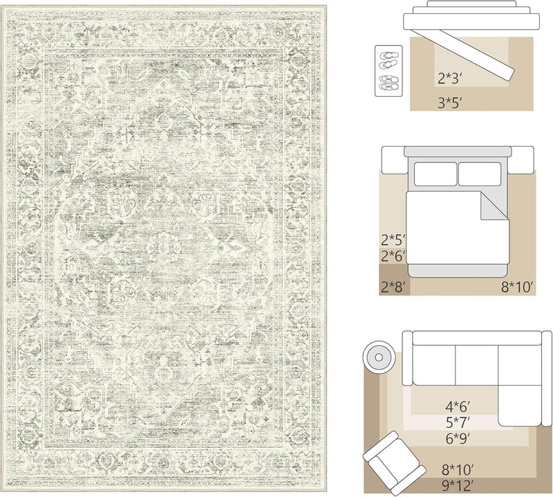 Washable Area Rug Neutral Large Vintage