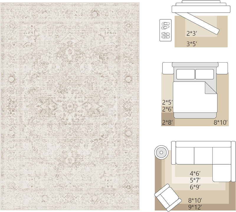 Washable Area Rug Neutral Vintage Non