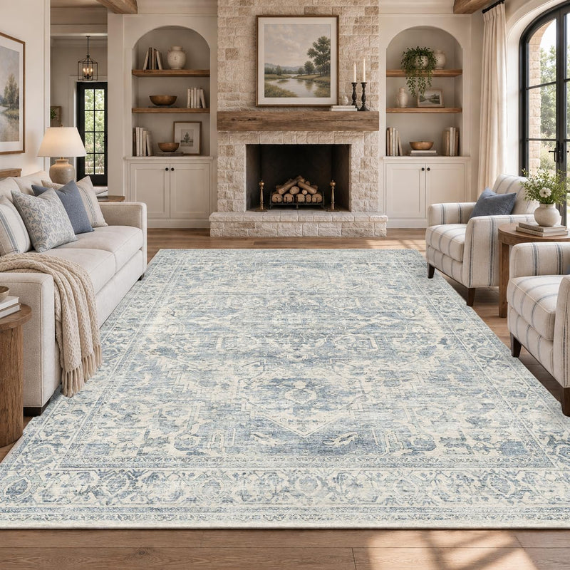 Washable Area Rug Neutral Vintage Non Slip