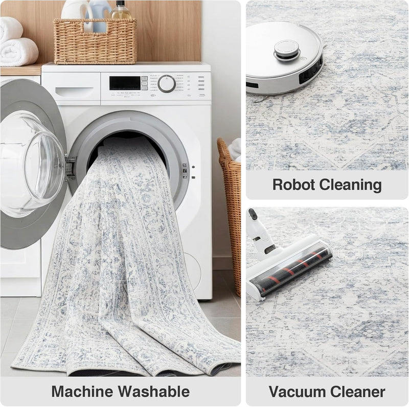 Washable Area Rug Neutral Vintage Non Slip