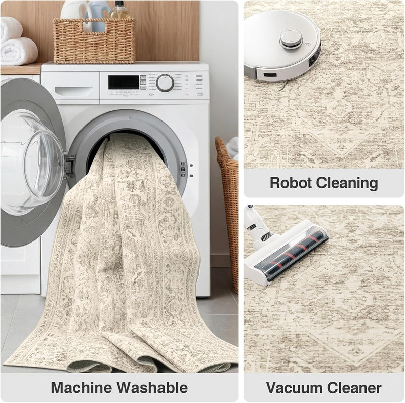 Washable Area Rug Neutral Vintage Non Slip