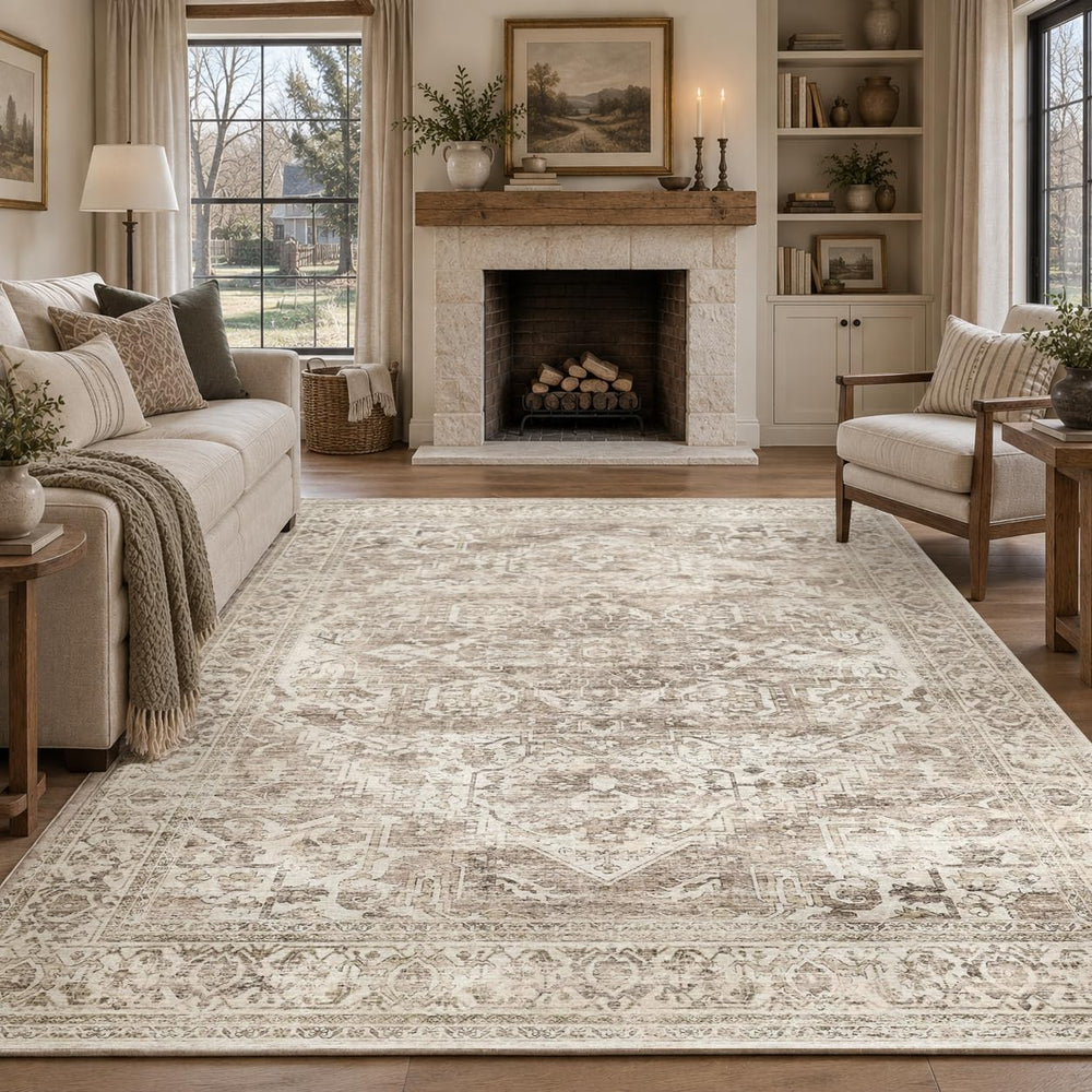 Washable Area Rug Neutral Vintage Non Slip