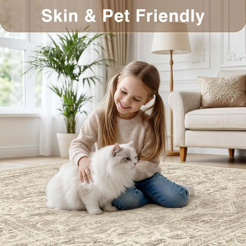 Washable Area Rug Neutral Vintage Non Slip