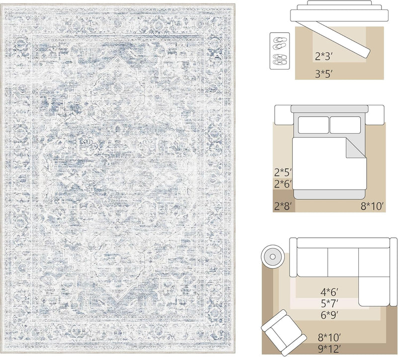Washable Area Rug Neutral Vintage Non Slip