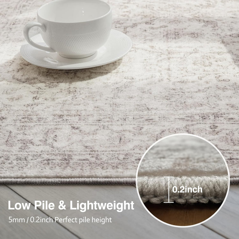Washable Area Rug Vintage Neutral Distressed