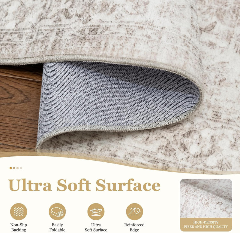 Washable Area Rug Vintage Neutral Distressed