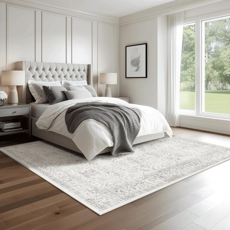Washable Area Rug Vintage Neutral Distressed