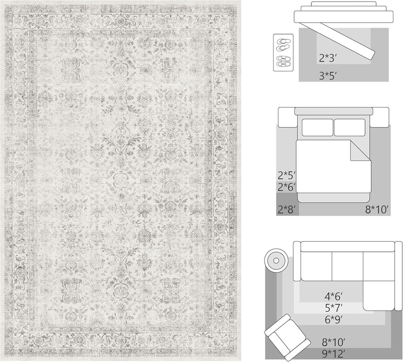 Washable Area Rug Vintage Neutral Distressed