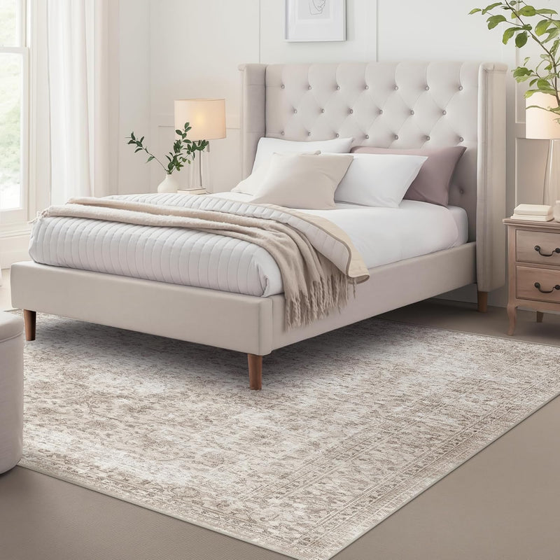 Washable Area Rug Vintage Neutral Distressed