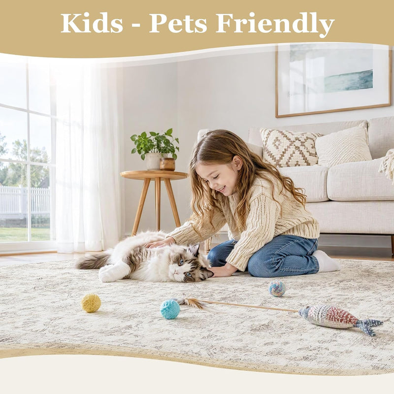 Washable Area Rug Vintage Neutral Distressed