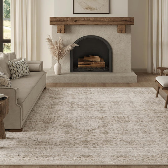 Washable Area Rug Vintage Neutral Distressed