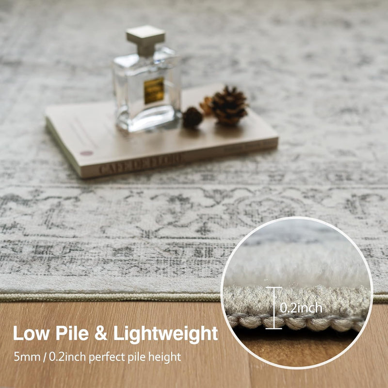 Washable Area Rug Vintage Neutral Distressed