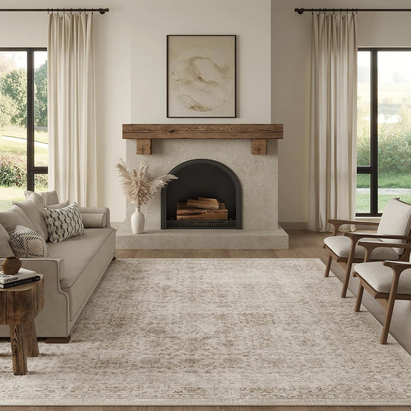 Washable Area Rug Vintage Neutral Distressed