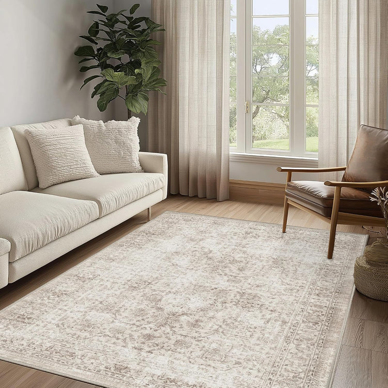 Washable Area Rug Vintage Neutral Distressed