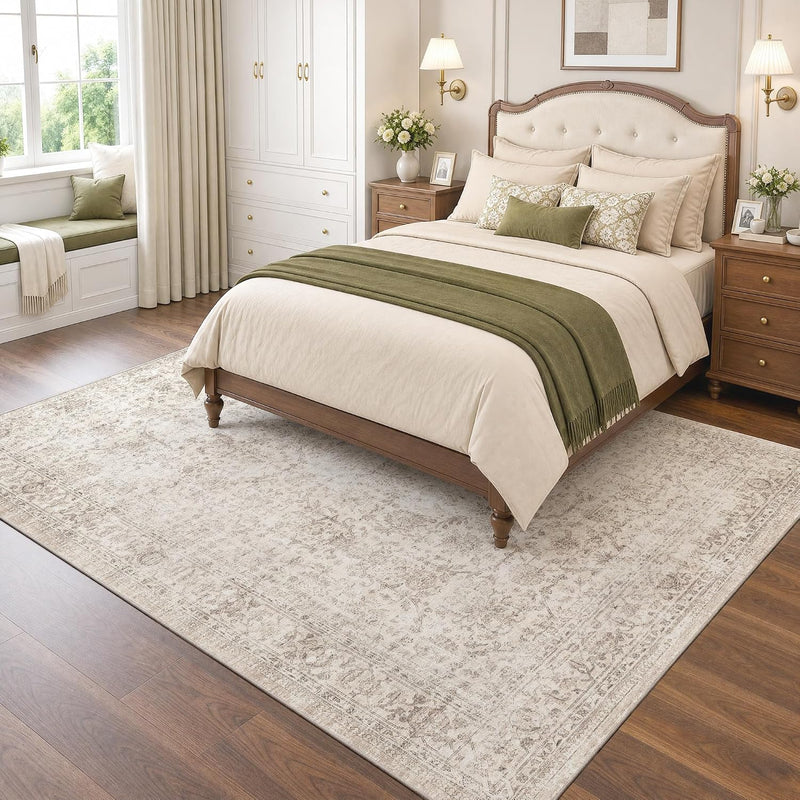 Washable Area Rug Vintage Neutral Distressed