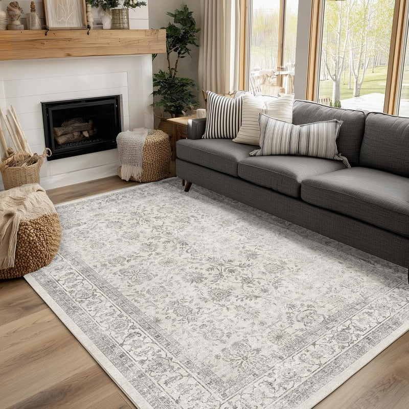 Washable Area Rug Vintage Neutral Distressed