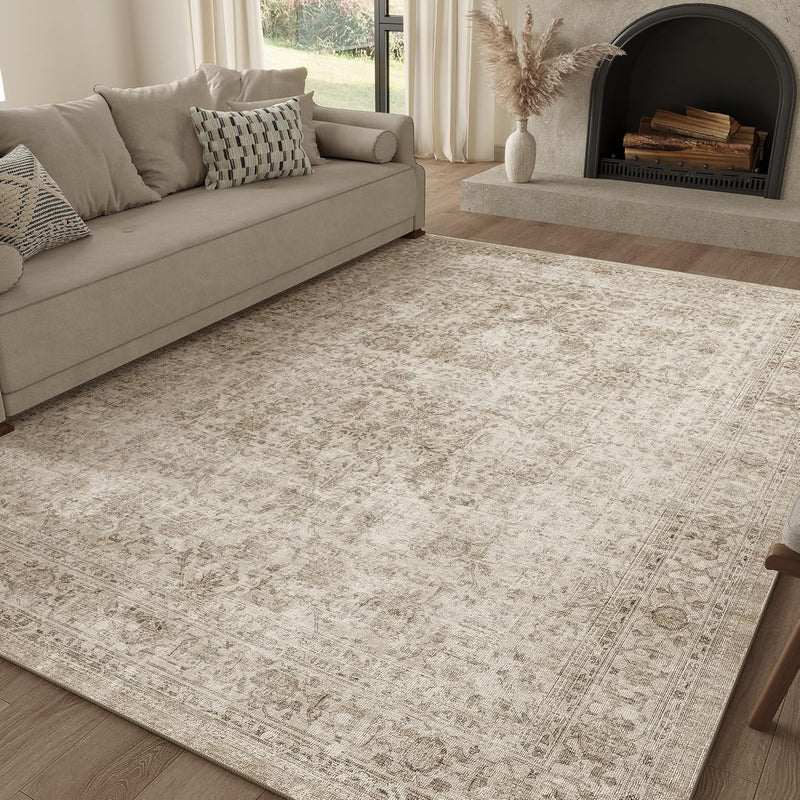 Washable Area Rug Vintage Neutral Distressed
