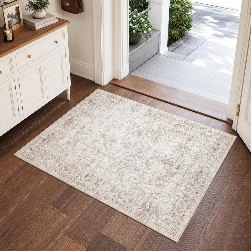 Washable Area Rug Vintage Neutral Distressed