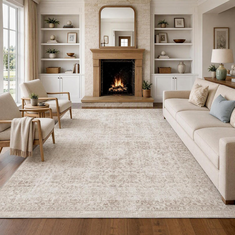 Washable Area Rug Vintage Neutral Distressed