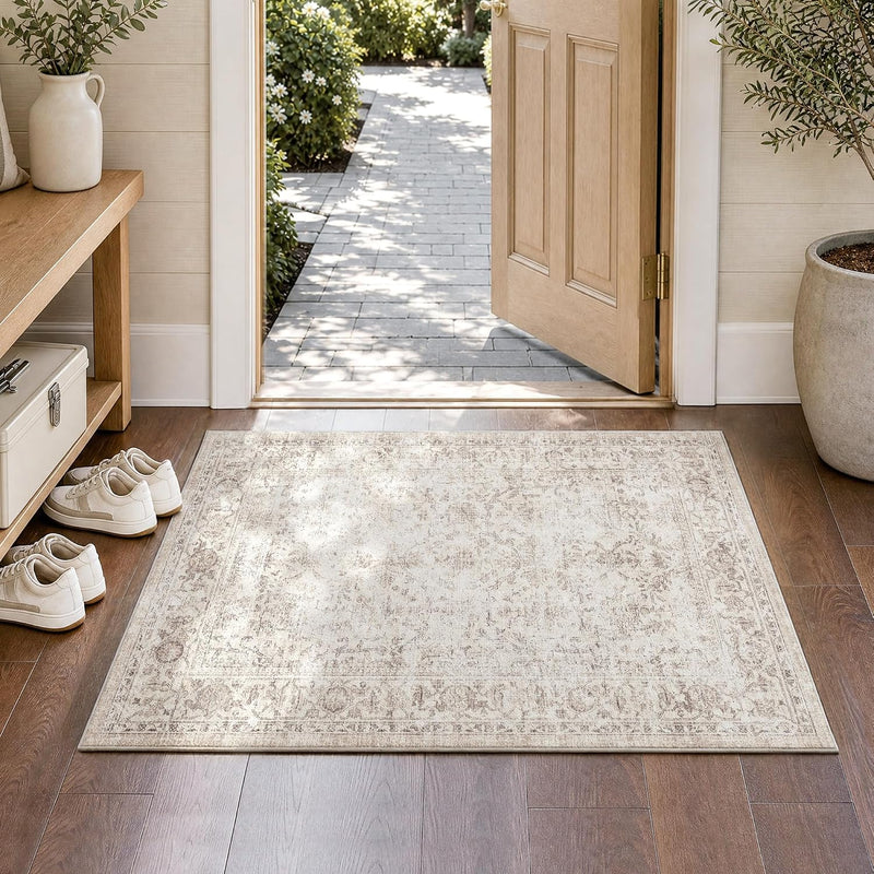 Washable Area Rug Vintage Neutral Distressed