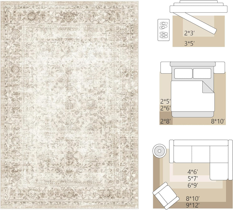 Washable Area Rug Vintage Neutral Distressed