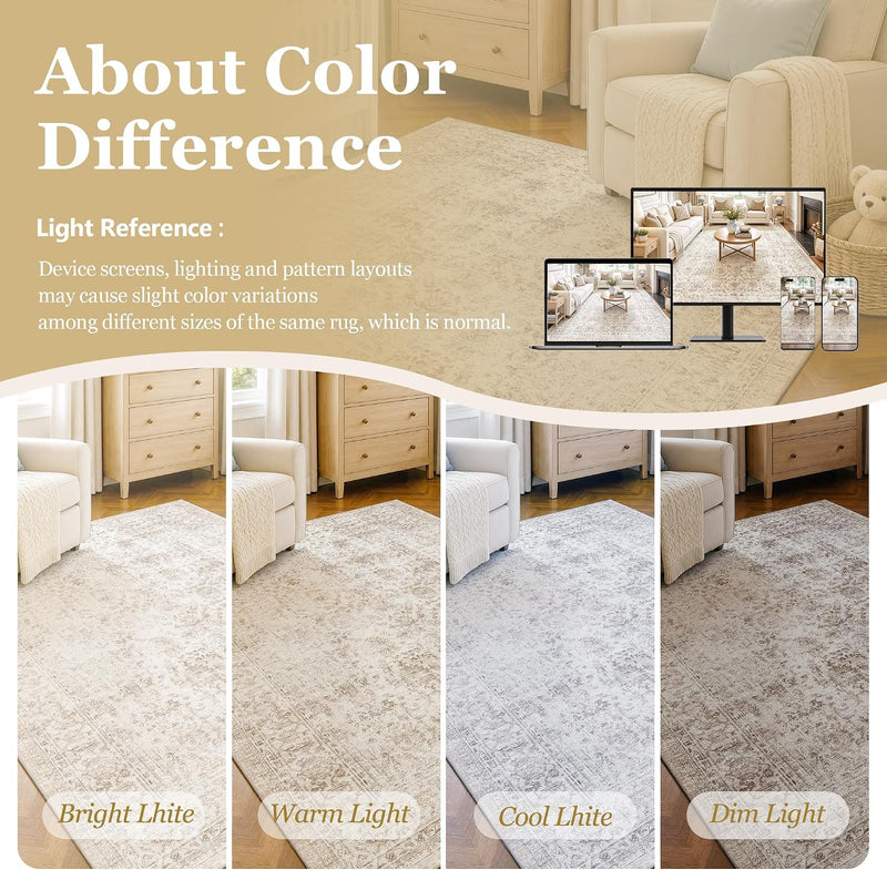 Washable Area Rug Vintage Neutral Distressed