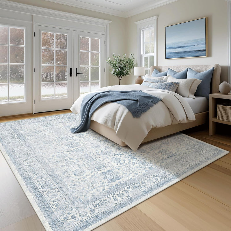Washable Area Rug Vintage Neutral Distressed