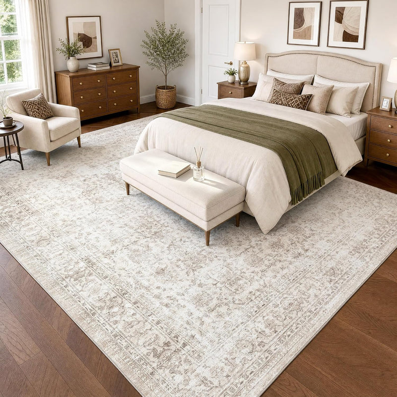 Washable Area Rug Vintage Neutral Distressed