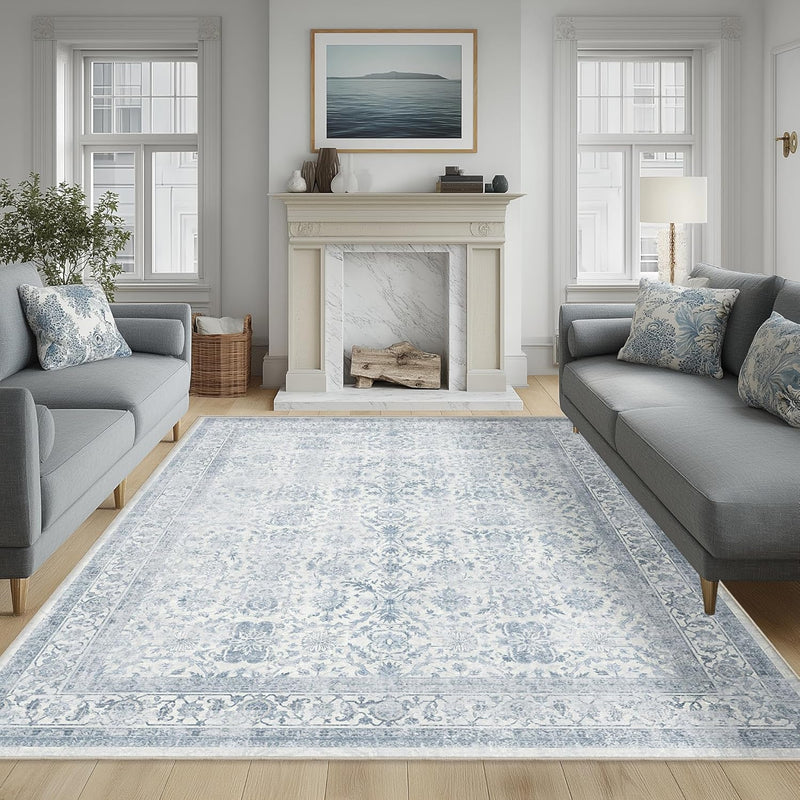 Washable Area Rug Vintage Neutral Distressed