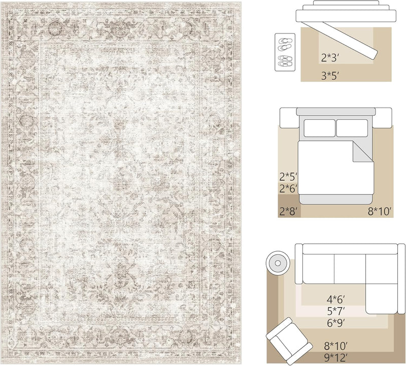 Washable Area Rug Vintage Neutral Distressed