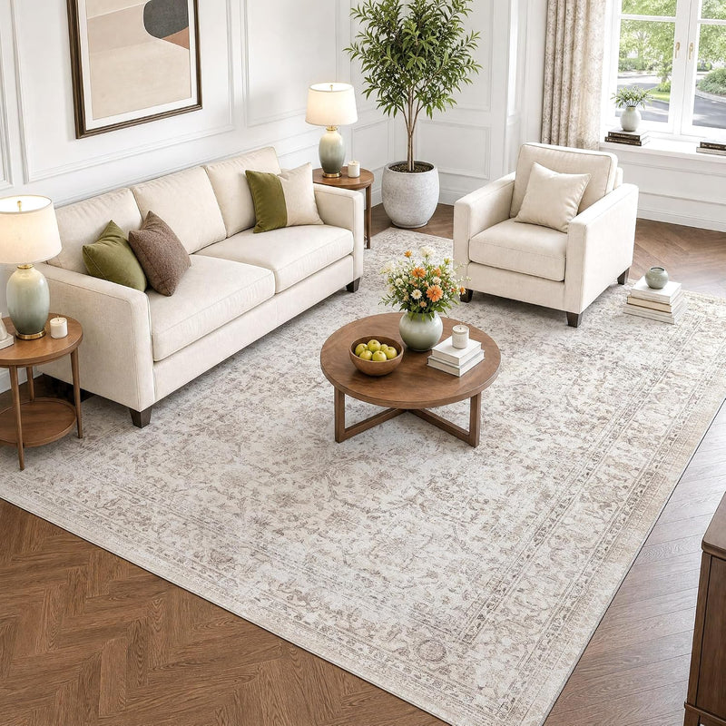 Washable Area Rug Vintage Neutral Distressed