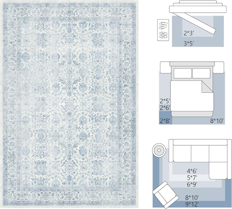 Washable Area Rug Vintage Neutral Distressed