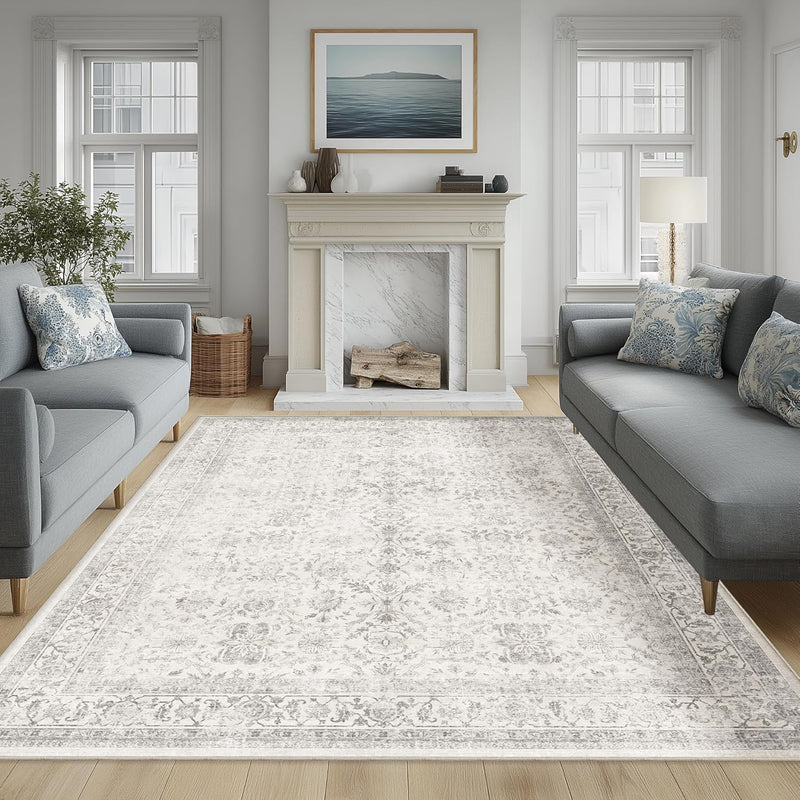 Washable Area Rug Vintage Neutral Distressed